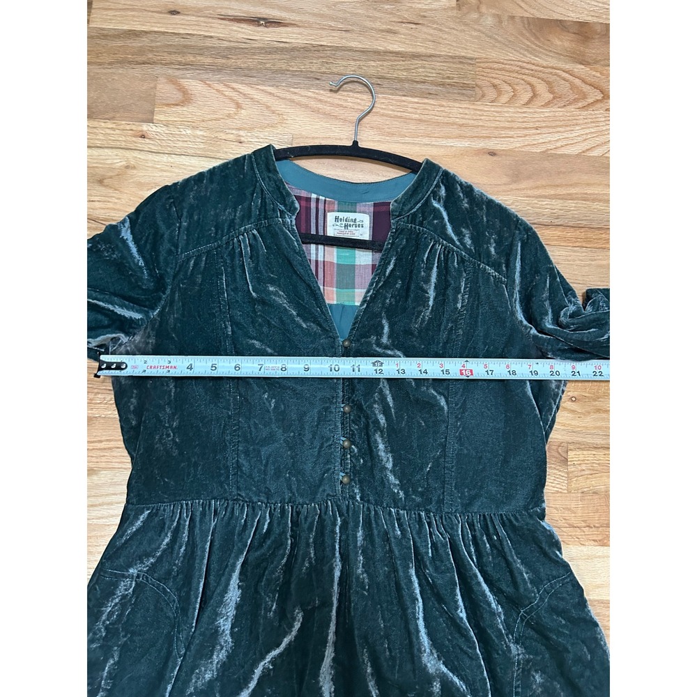 Holding Horses Nantes Velvet V Neck Button Front Babydoll Dress Teal Green M - Picture 8 of 11